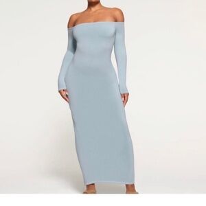 SKIMS off the shoulder maxi dress light blue